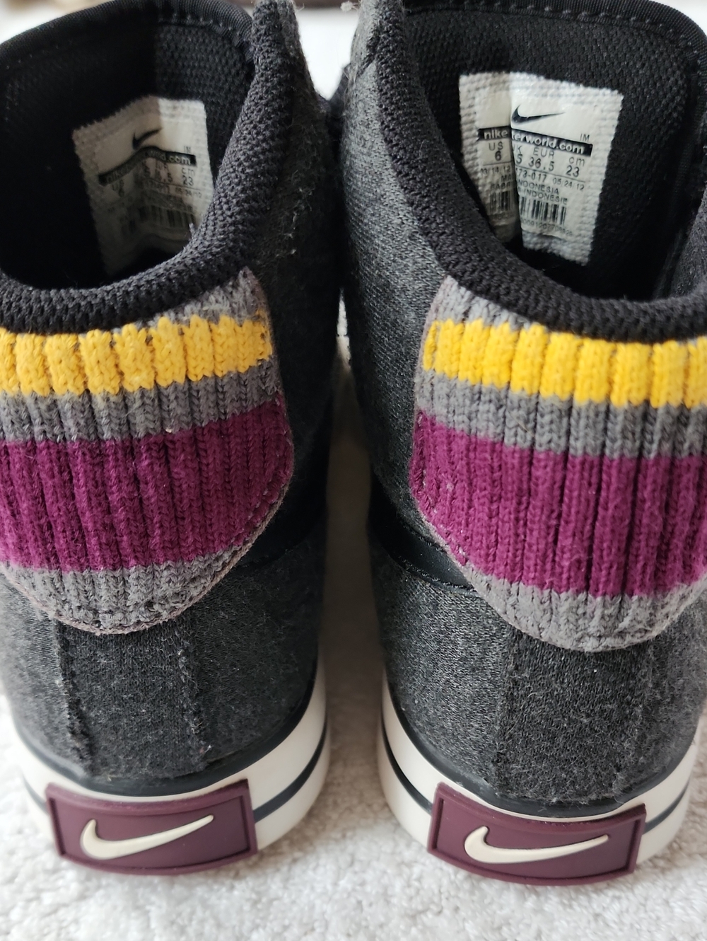 Nike Women High-Top Gray Sneakers with Purple/Yellow Stripes Size 6 Preowned